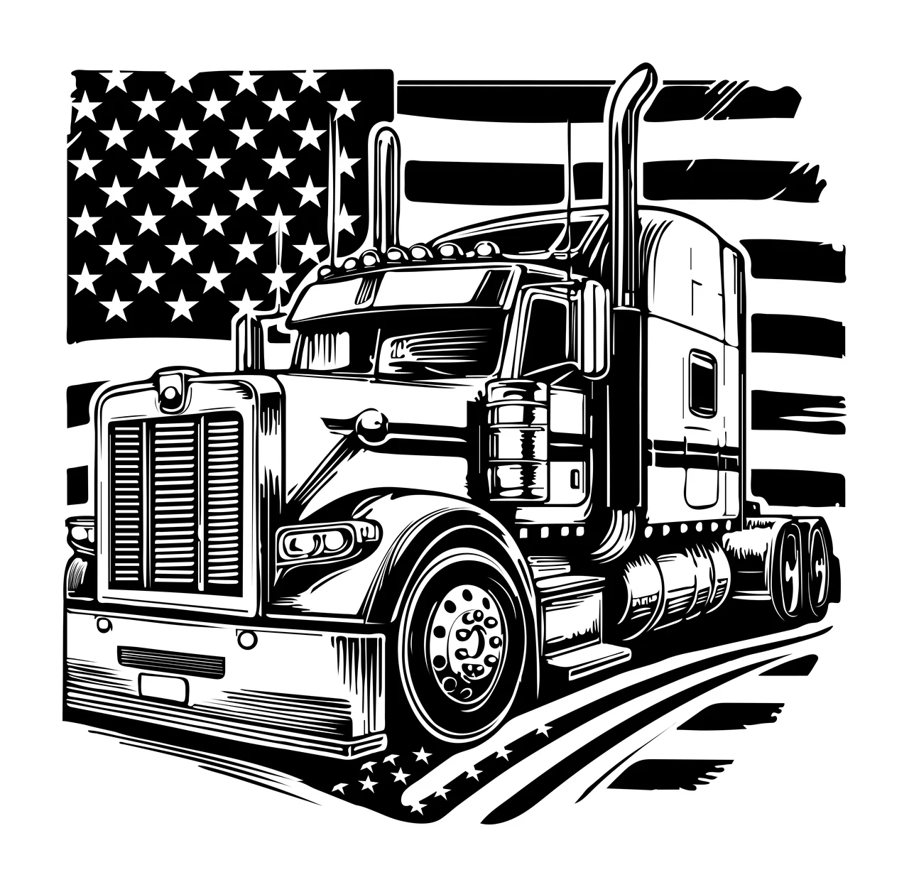 Truck Flag Silhouette With National Background driving ink drawing
