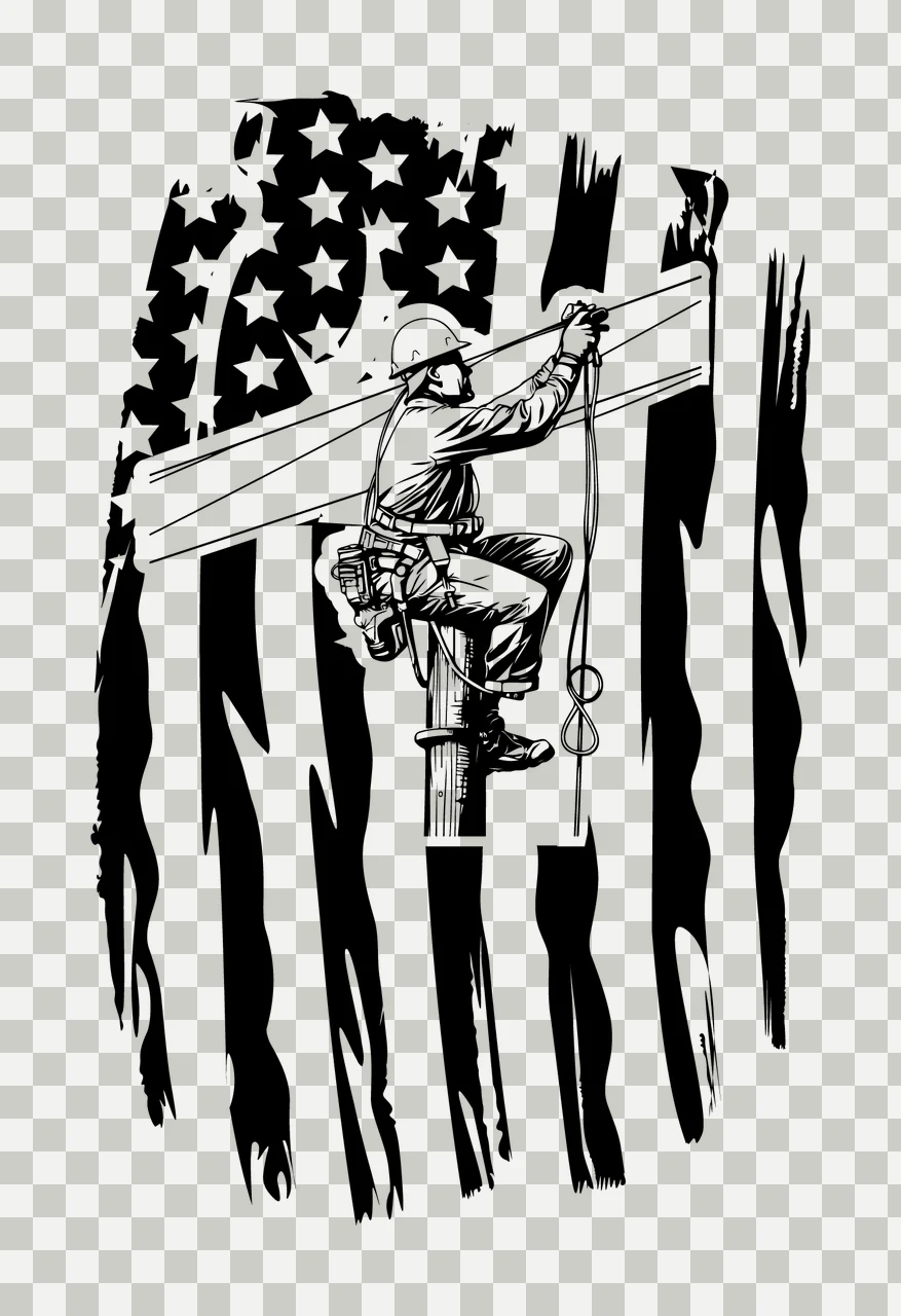 Line Utility Worker Silhouette Against American Flag working on pole transparency and detail preview thumbnail