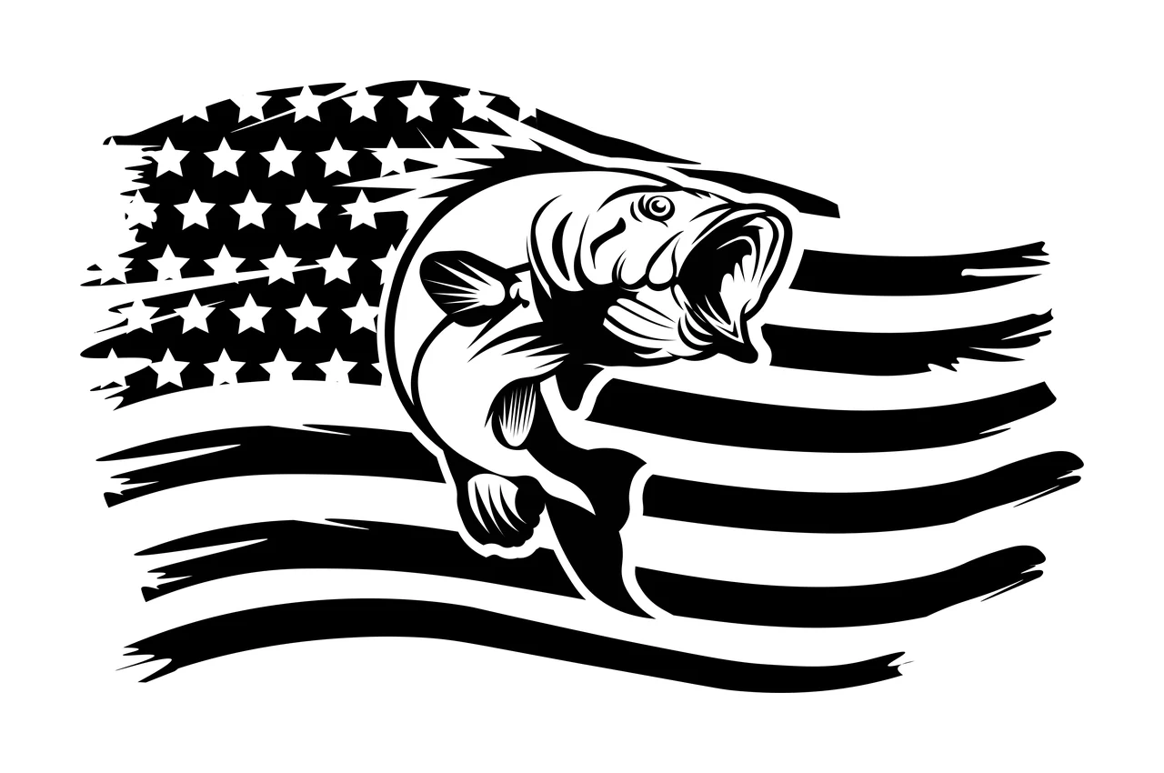 Fish Jumping Over American Flag stars stripes distressed black