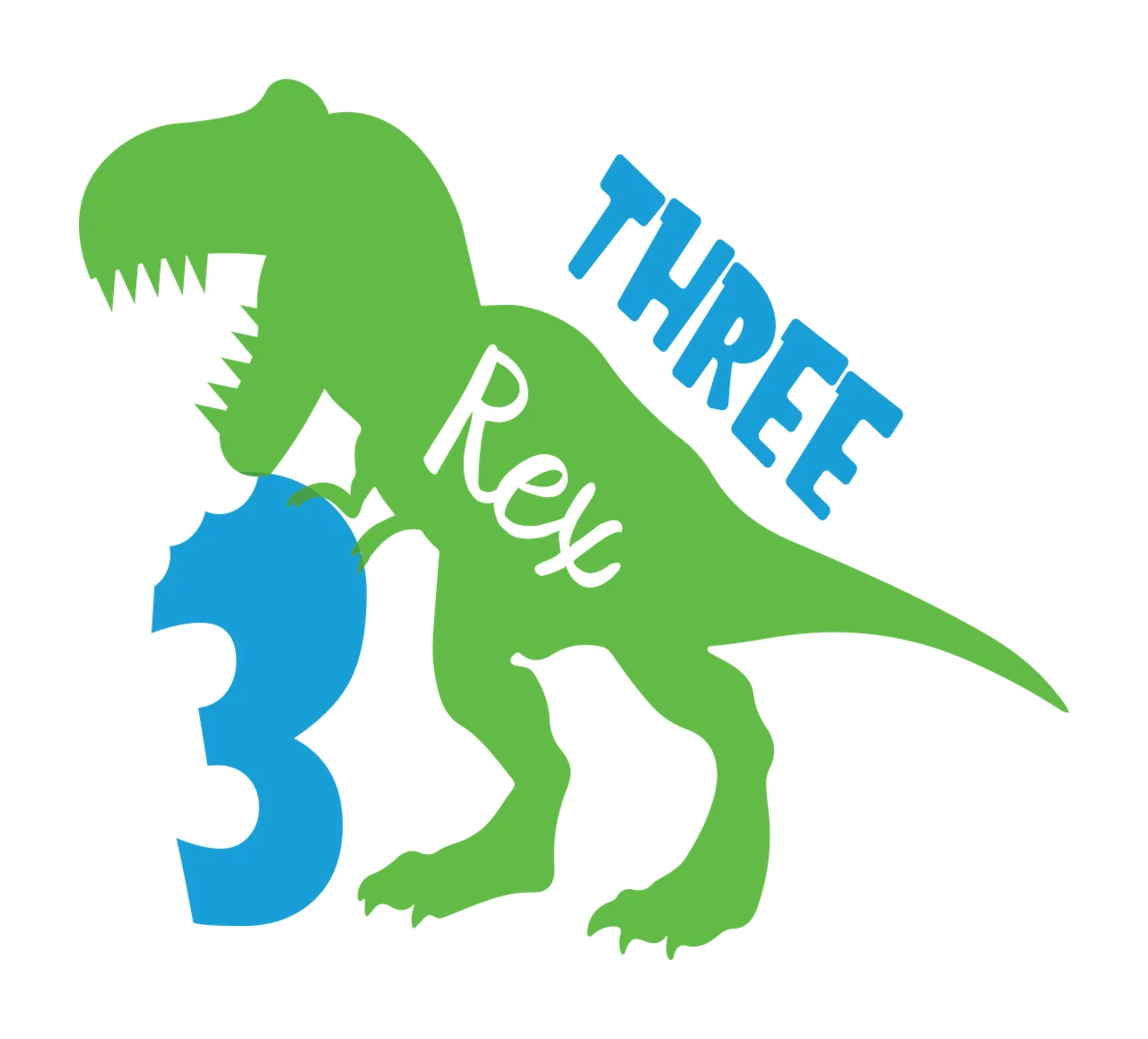 THREE Rex 3 dinosaur silhouette and Number Design with blue number 3, bite mark, script text and simple clean graphic in green and white