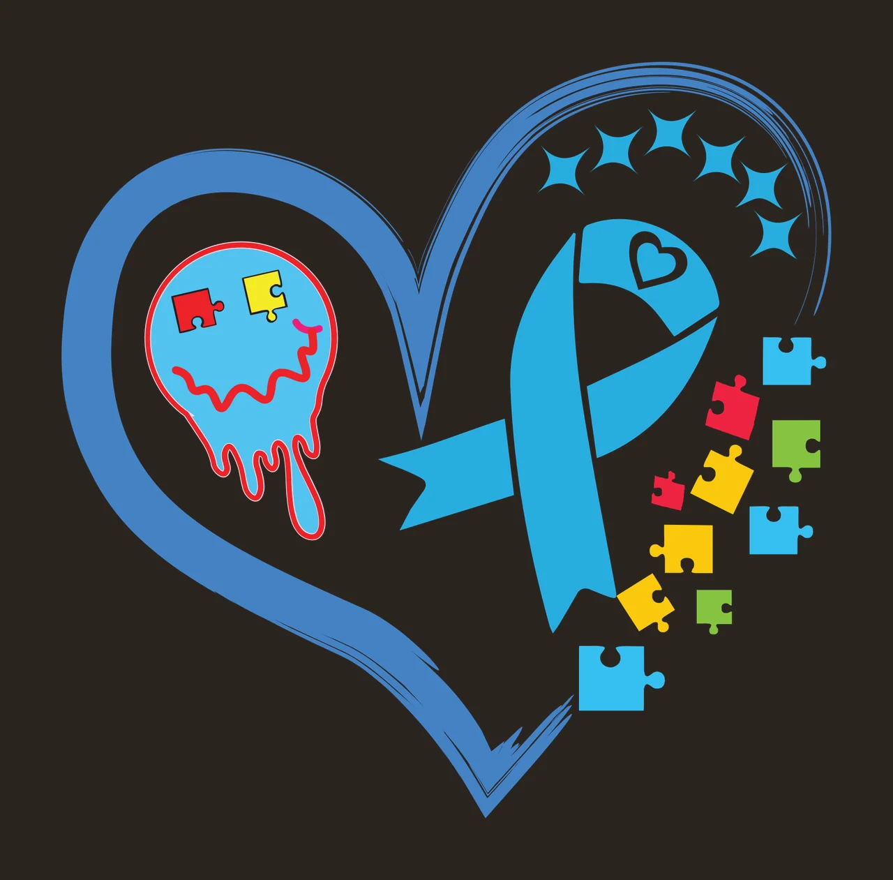 Autism awareness logo design with blue heart outline, blue autism awareness ribbon, colorful puzzle pieces and brain with red and yellow puzzle pieces inside contrast preview thumbnail