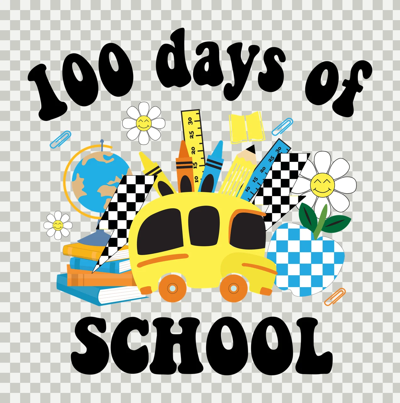 100 Days Of School Text Illustration supplies globe apple books transparency and detail preview thumbnail