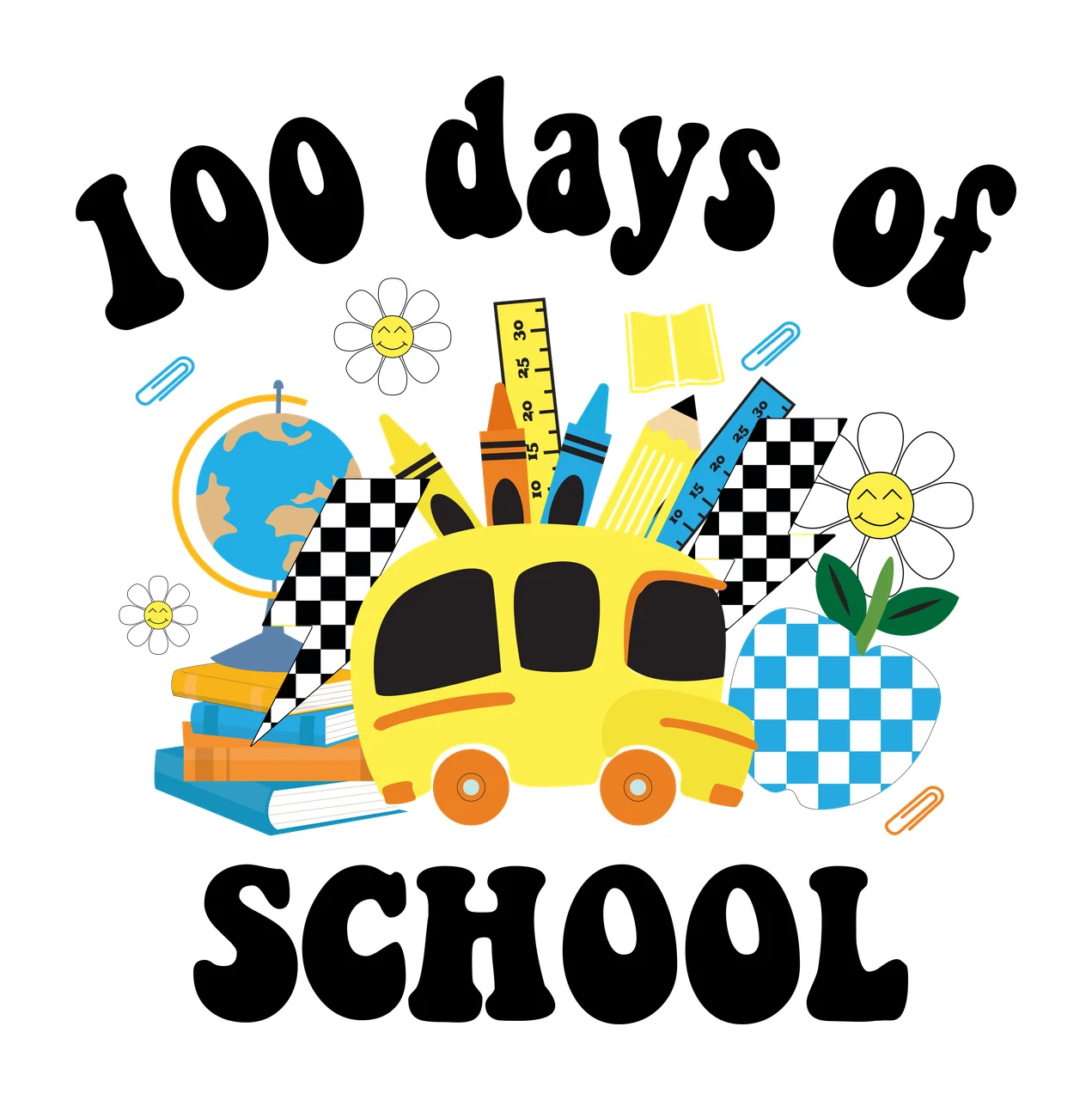 100 Days Of School Text Illustration supplies globe apple books