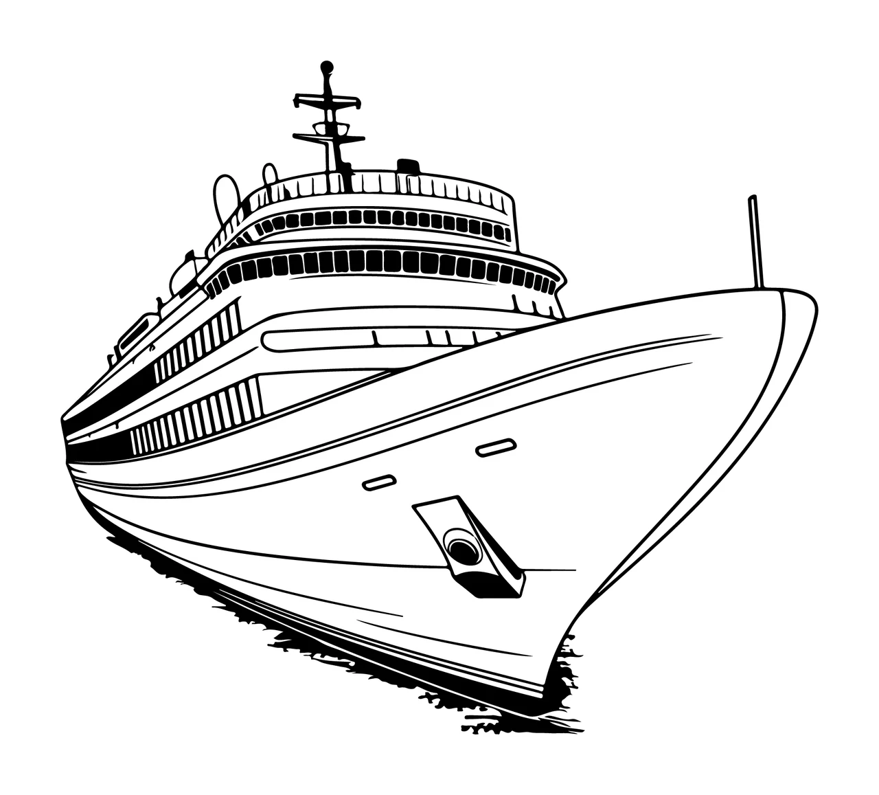 Cruise Ship Prow Low Angle View antenna line art black white