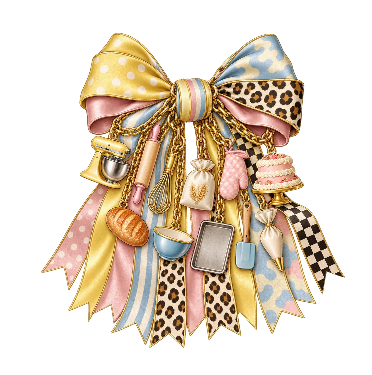Home Baker Bow Charm PNG, Gold Chain Charms, Transparent Sublimation Design, Digital Download