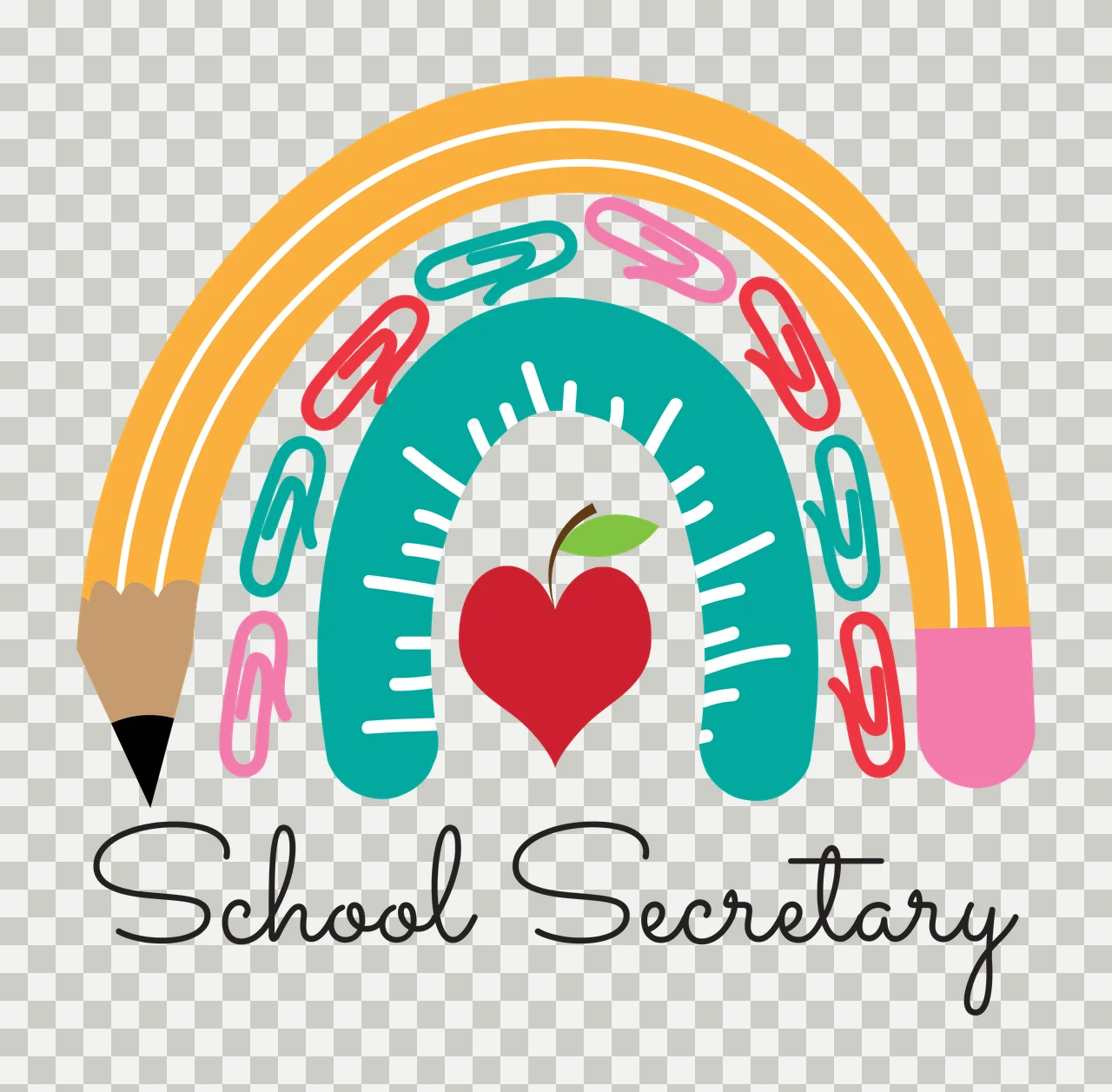 School Secretary School Secretary rainbow illustration with pencil, eraser, ruler and paper clips in yellow, teal and pink transparency and detail preview thumbnail