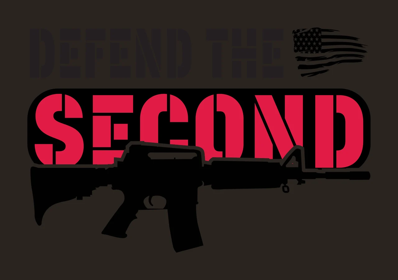 DEFEND THE SECOND Typography Design with black rifle silhouette, text 'DEFEND THE' in black, text 'SECOND' in red with black outline and stylized American flag with stars and stripes in white contrast preview thumbnail