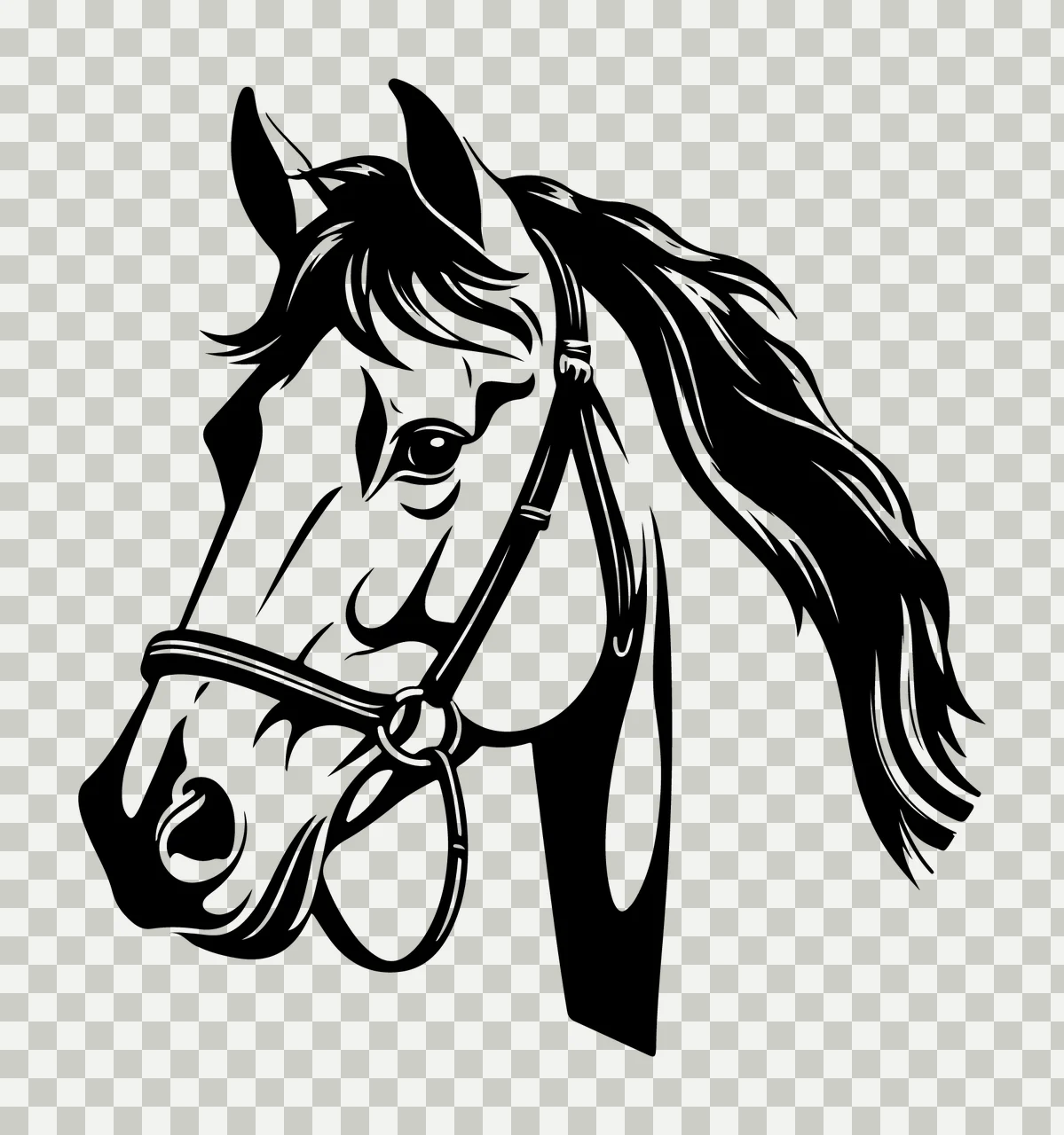 Horse Head In Profile Wearing Bridle mane black white animal transparency and detail preview thumbnail