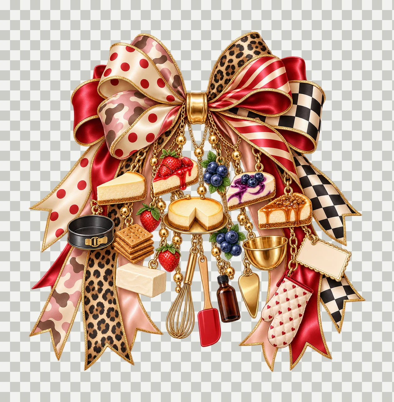 Cheesecake Lover Bow Charm PNG, Themed Gold Chain Charms, Coquette Ribbon Sublimation Design, Transparent Digital Download transparency and detail preview thumbnail