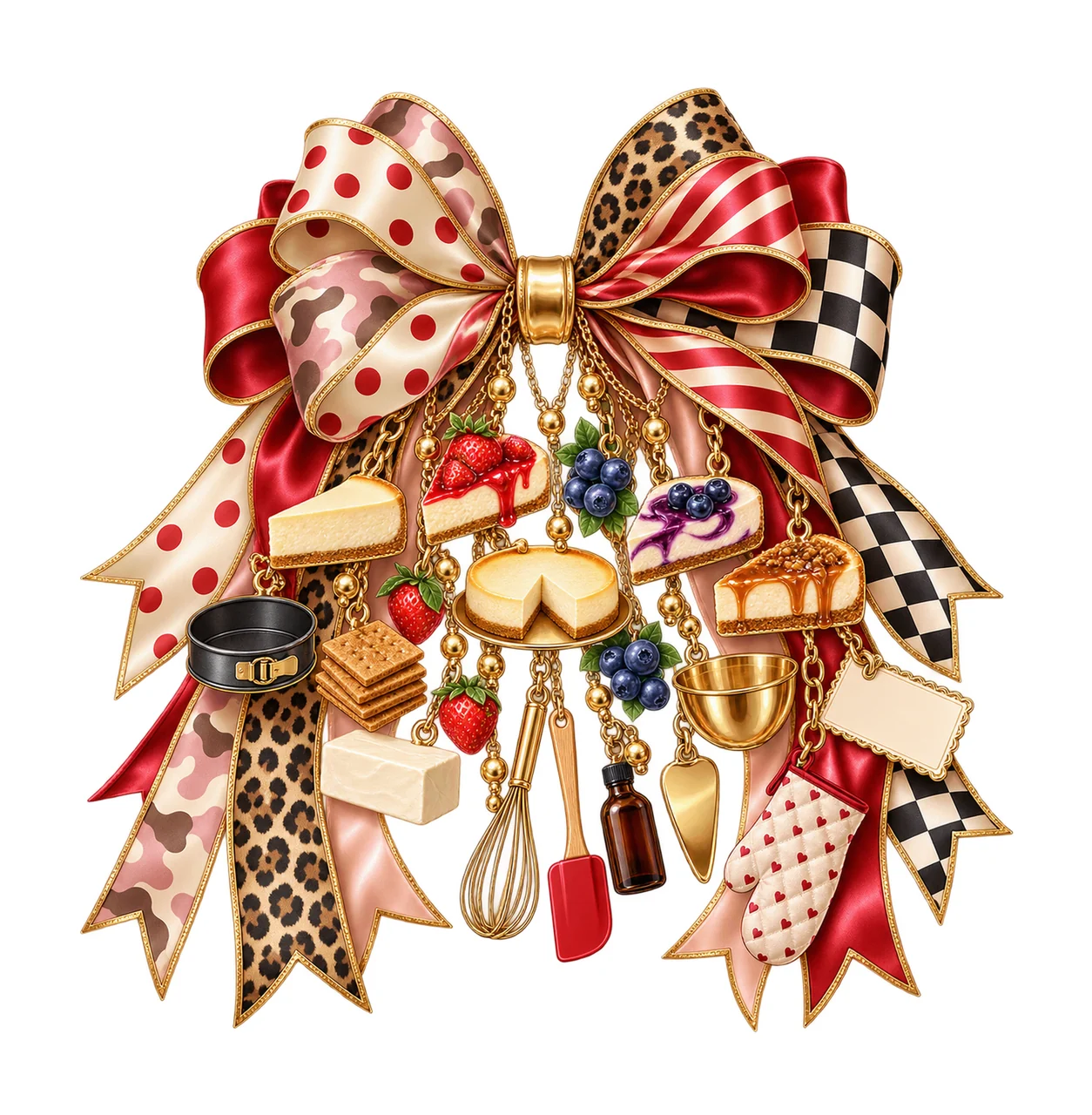 Cheesecake Lover Bow Charm PNG, Themed Gold Chain Charms, Coquette Ribbon Sublimation Design, Transparent Digital Download