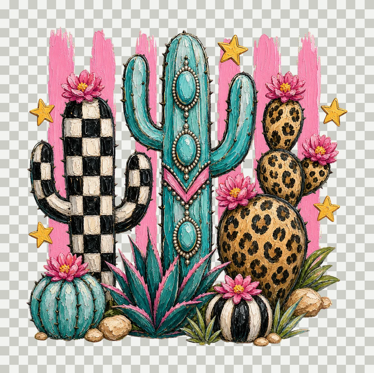 Leopard Checkerboard Western Cactus Faux Oil Variation F transparency and detail preview thumbnail