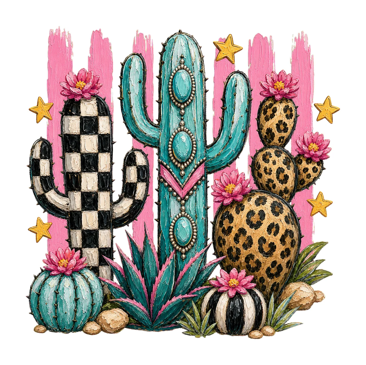 Leopard Checkerboard Western Cactus Faux Oil Variation F