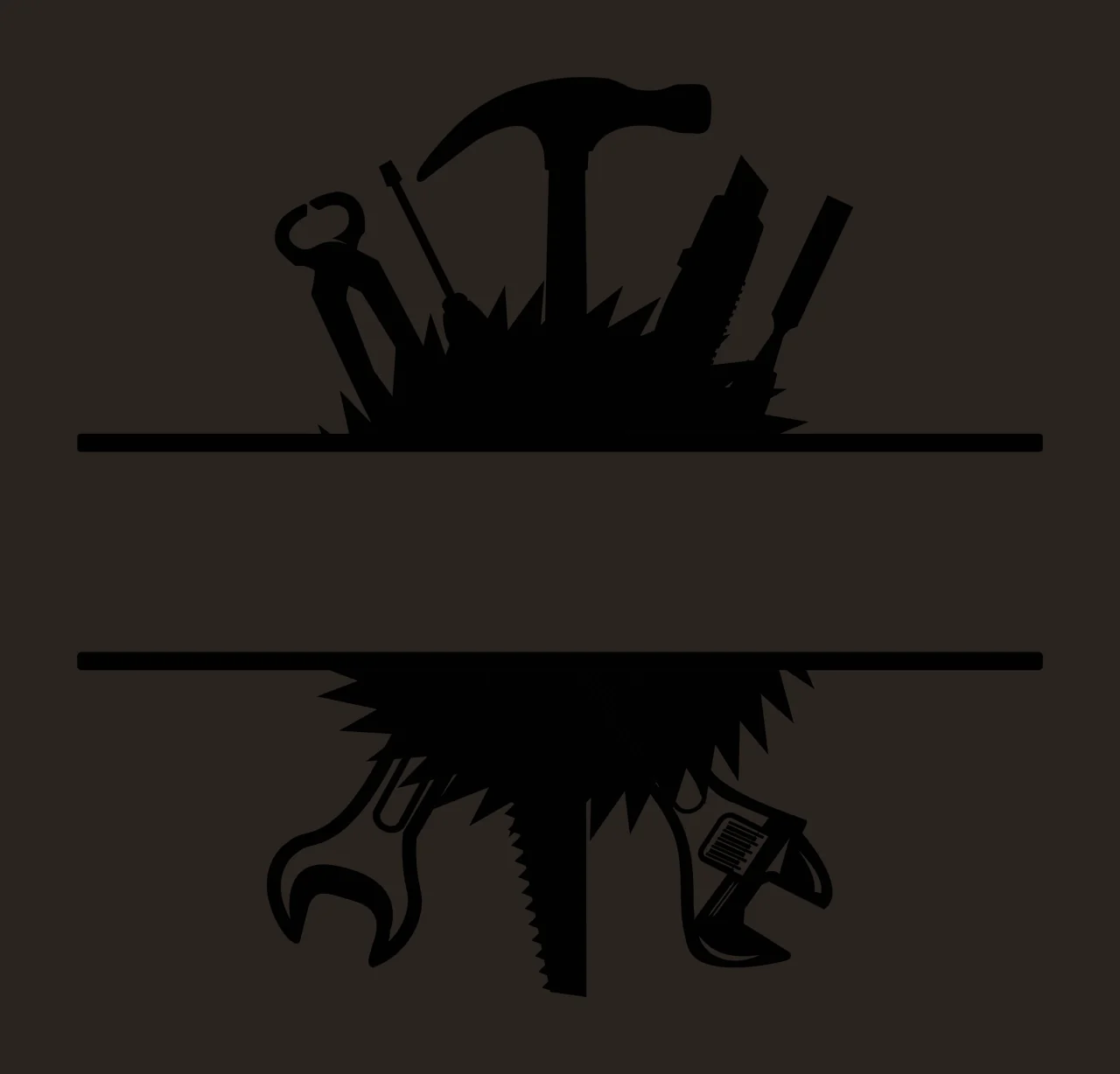 Silhouette Design of hand tools split monogram frame with hammer, wrench, pliers and screwdriver in black and white contrast preview thumbnail