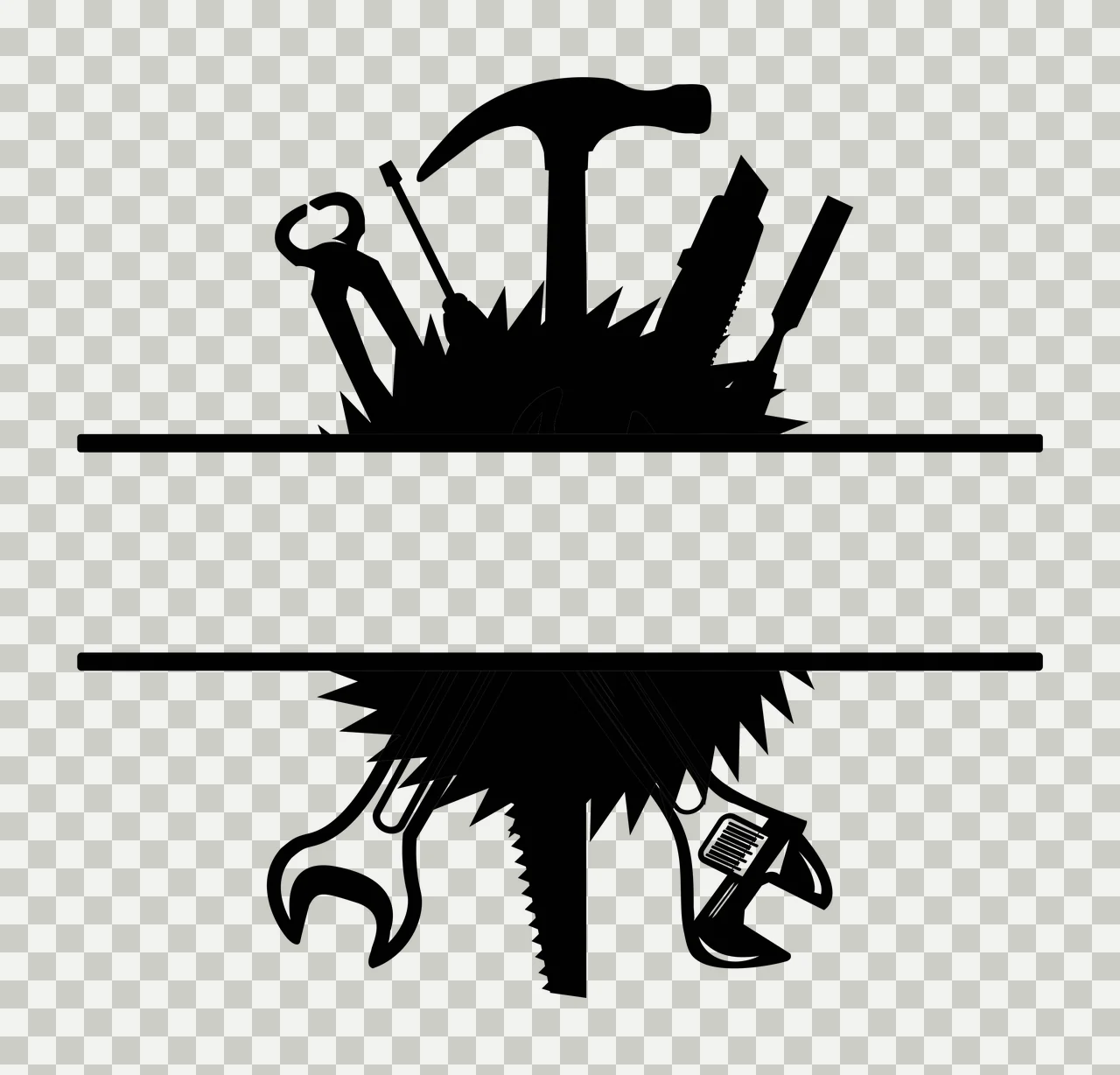Silhouette Design of hand tools split monogram frame with hammer, wrench, pliers and screwdriver in black and white transparency and detail preview thumbnail