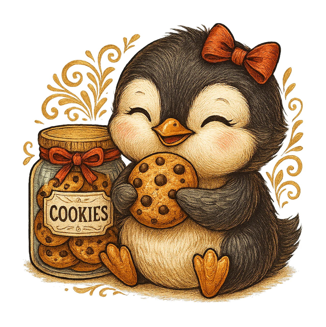 Baby Penguin Cookie Lover Kawaii Artwork Hand Drawn