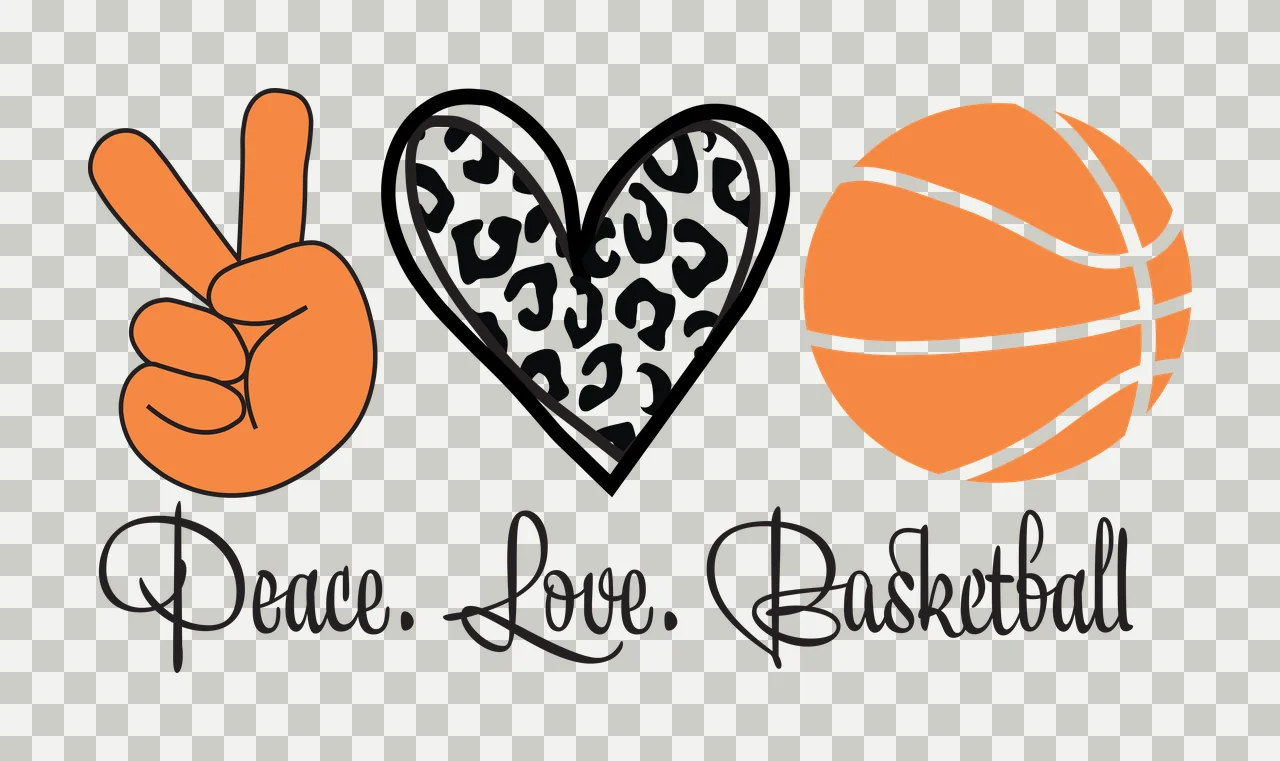 Peace. Love. Basketball Typography Design with orange peace sign hand gesture, black-outlined heart with leopard print pattern, orange basketball with white seams and cursive text 'Peace Love transparency and detail preview thumbnail
