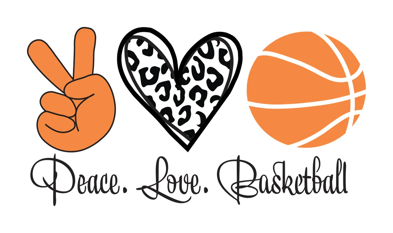 Peace. Love. Basketball Typography Design with orange peace sign hand gesture, black-outlined heart with leopard print pattern, orange basketball with white seams and cursive text 'Peace Love
