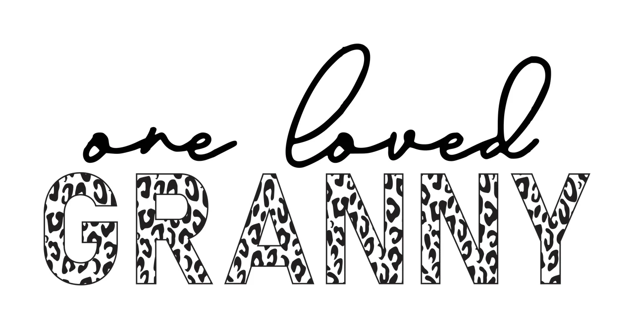 One loved GRANNY Typography Design with black cursive text 'one loved', black-and-white leopard-print block letters 'GRANNY' and white background