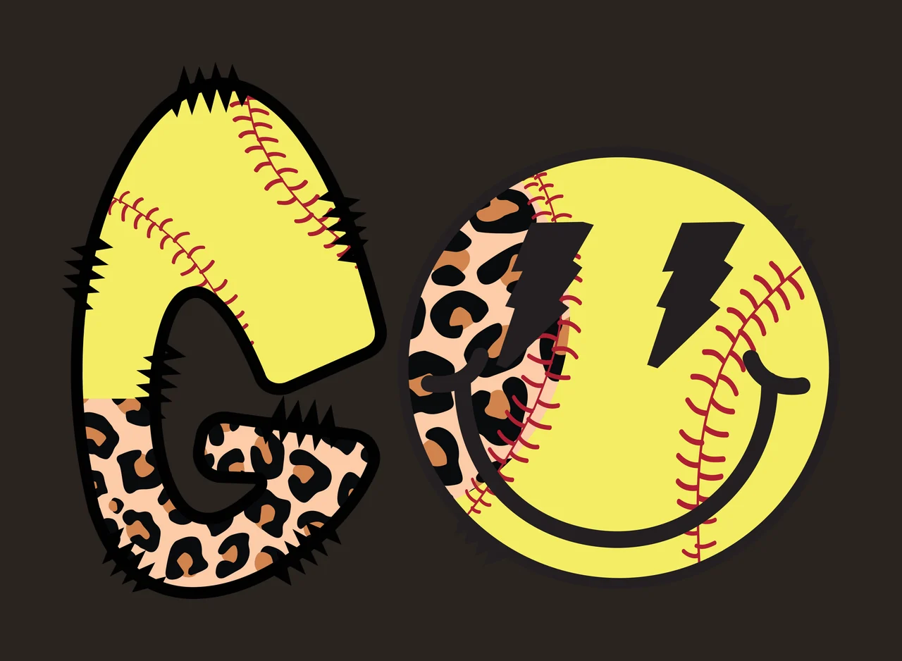 GO Typography Design with letter G, softball seams, leopard print pattern and smiley face in yellow, black and red contrast preview thumbnail