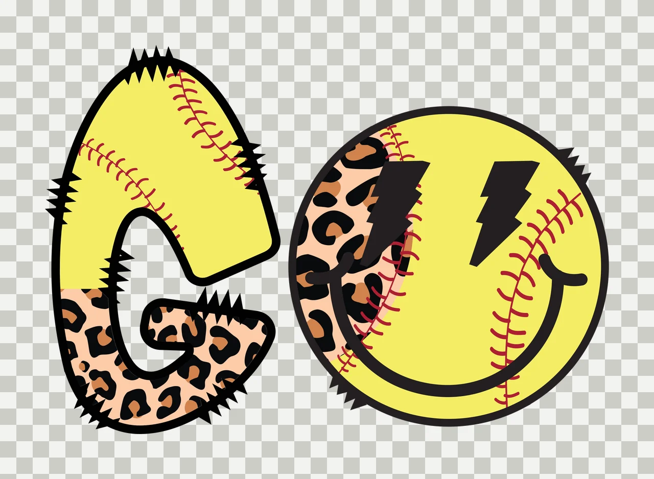 GO Typography Design with letter G, softball seams, leopard print pattern and smiley face in yellow, black and red transparency and detail preview thumbnail