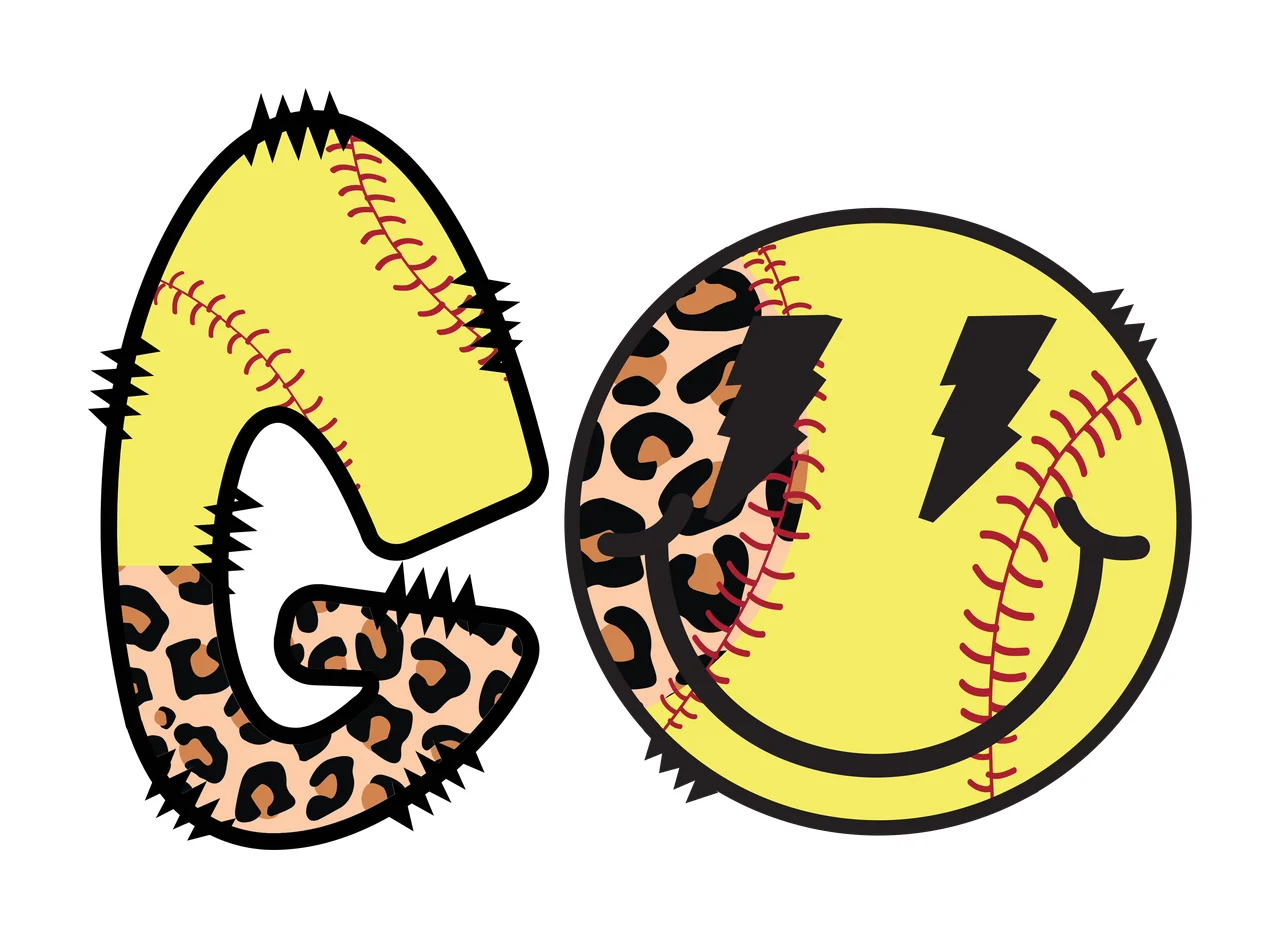 GO Typography Design with letter G, softball seams, leopard print pattern and smiley face in yellow, black and red