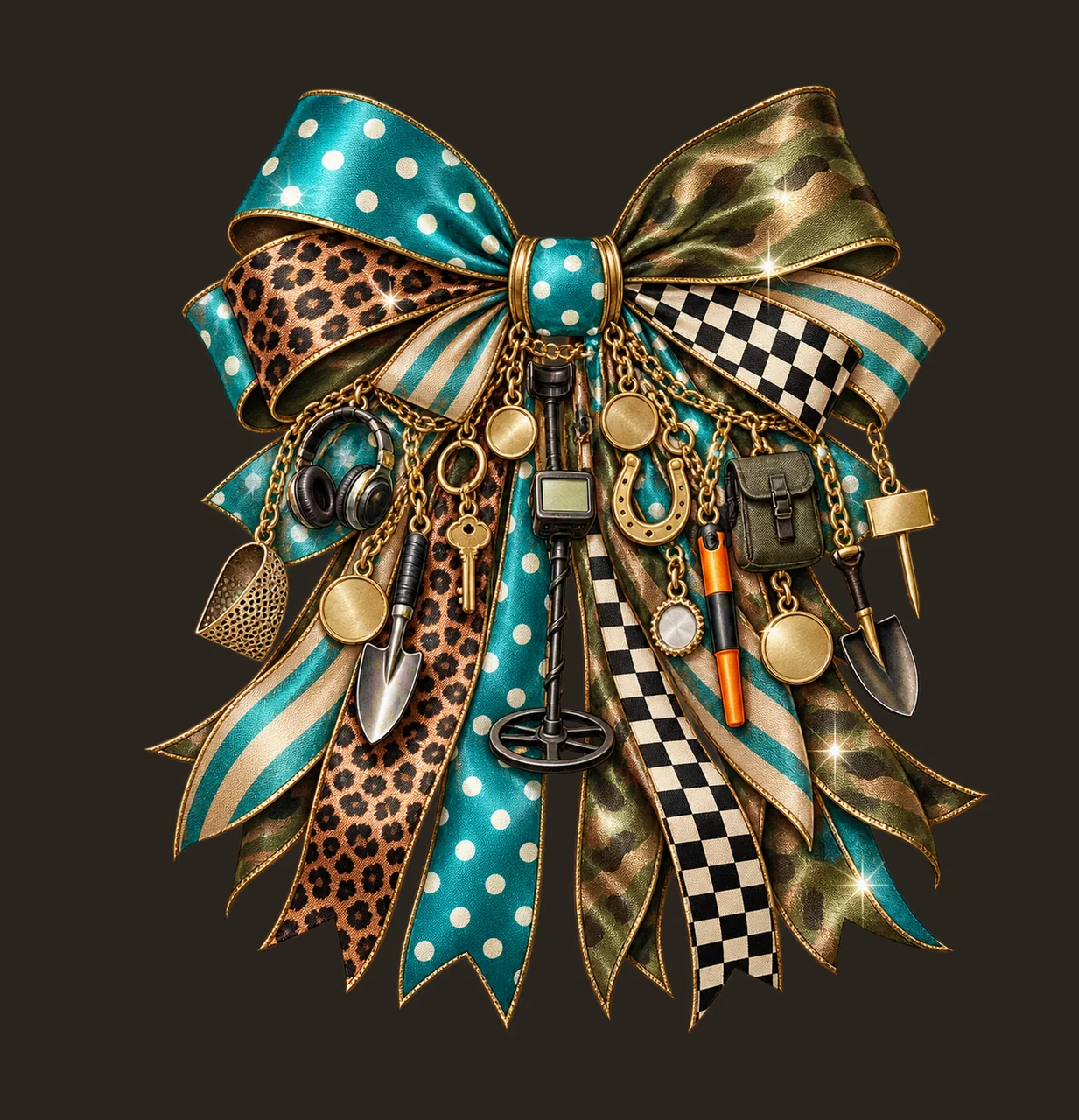 Metal Detecting Hobbyist Bow Charm PNG, Themed Gold Chain Charms, Coquette Ribbon Sublimation Design, Transparent Digital Download contrast preview thumbnail