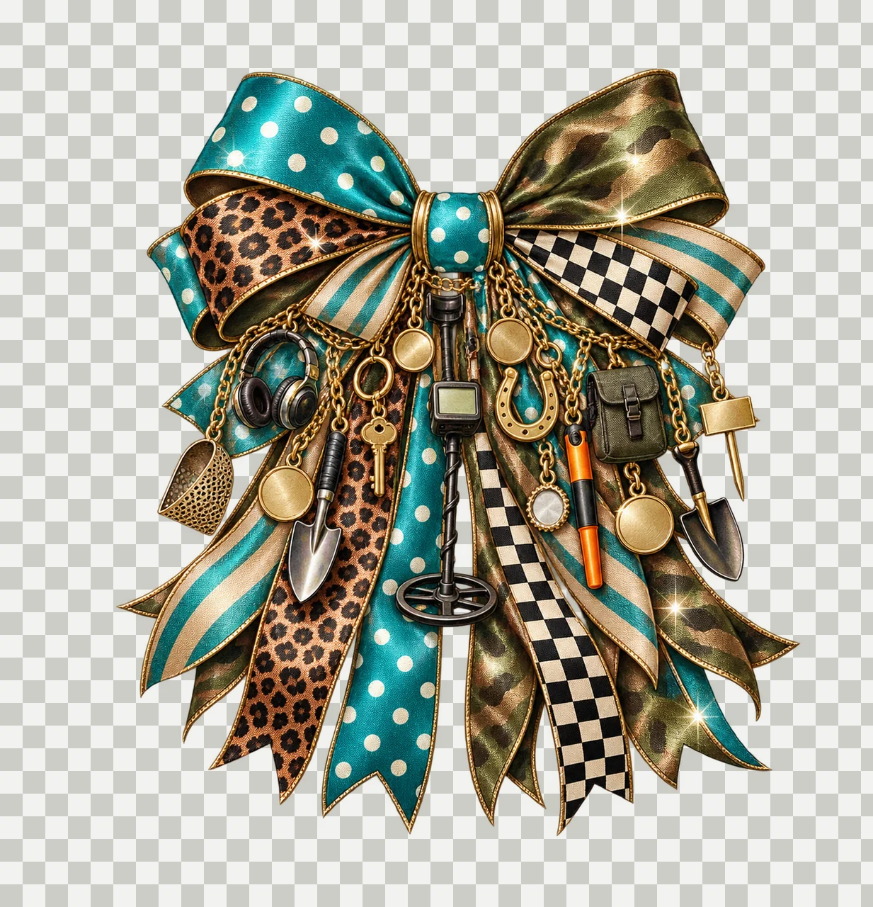 Metal Detecting Hobbyist Bow Charm PNG, Themed Gold Chain Charms, Coquette Ribbon Sublimation Design, Transparent Digital Download transparency and detail preview thumbnail