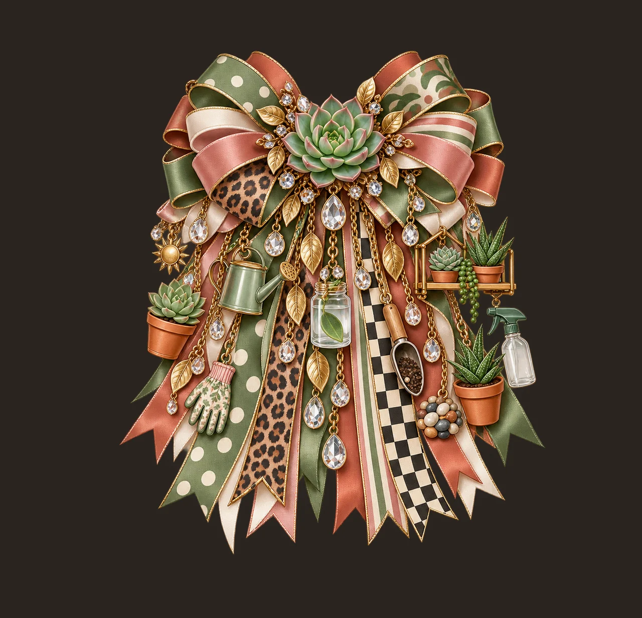 Succulent Lover Bow Charm PNG, Gold Chain Charms, Transparent Sublimation Design, Digital Download contrast preview thumbnail
