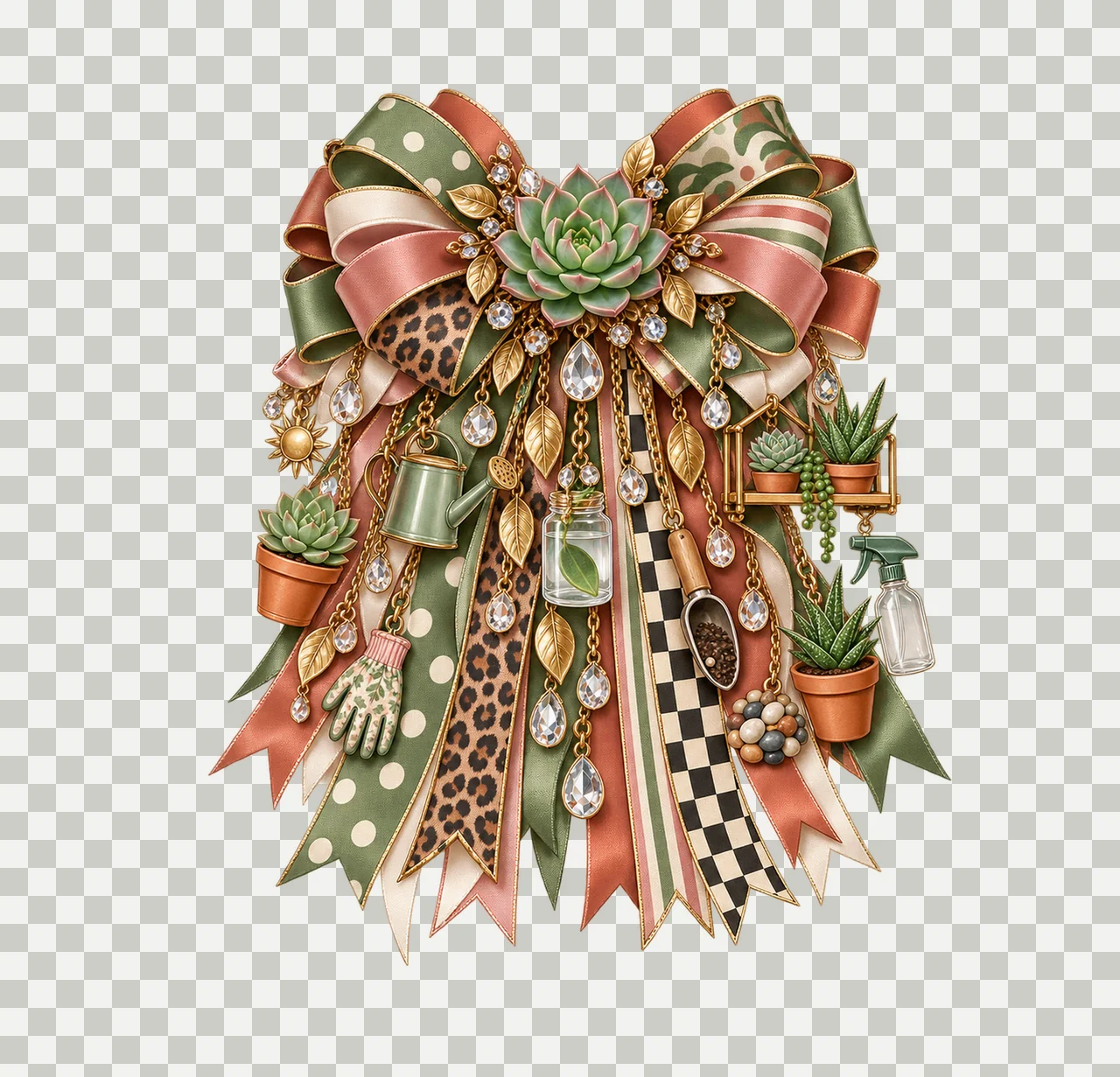 Succulent Lover Bow Charm PNG, Gold Chain Charms, Transparent Sublimation Design, Digital Download transparency and detail preview thumbnail