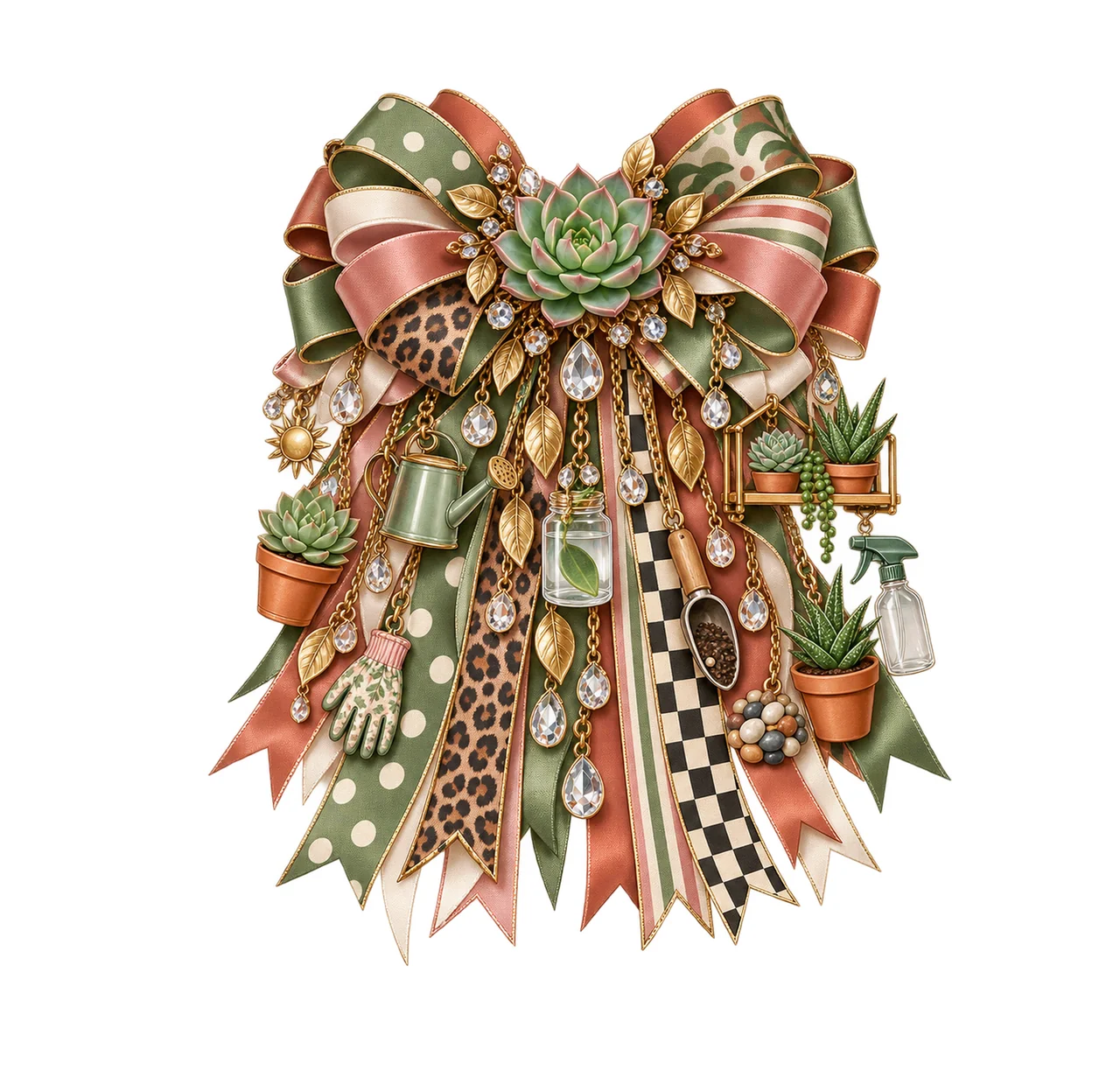 Succulent Lover Bow Charm PNG, Gold Chain Charms, Transparent Sublimation Design, Digital Download
