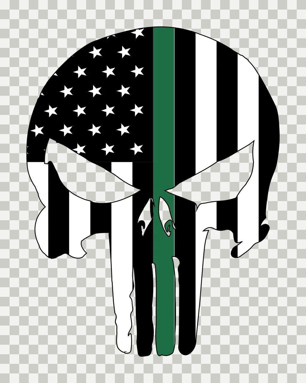 Skull silhouette Illustration with stars, stripes and green line in black and white transparency and detail preview thumbnail