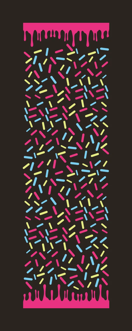 Dripping pink glaze and colorful sprinkles pattern Illustration with dripping frosting, jimmies, scattered candy and white backdrop in light blue and yellow-green contrast preview thumbnail