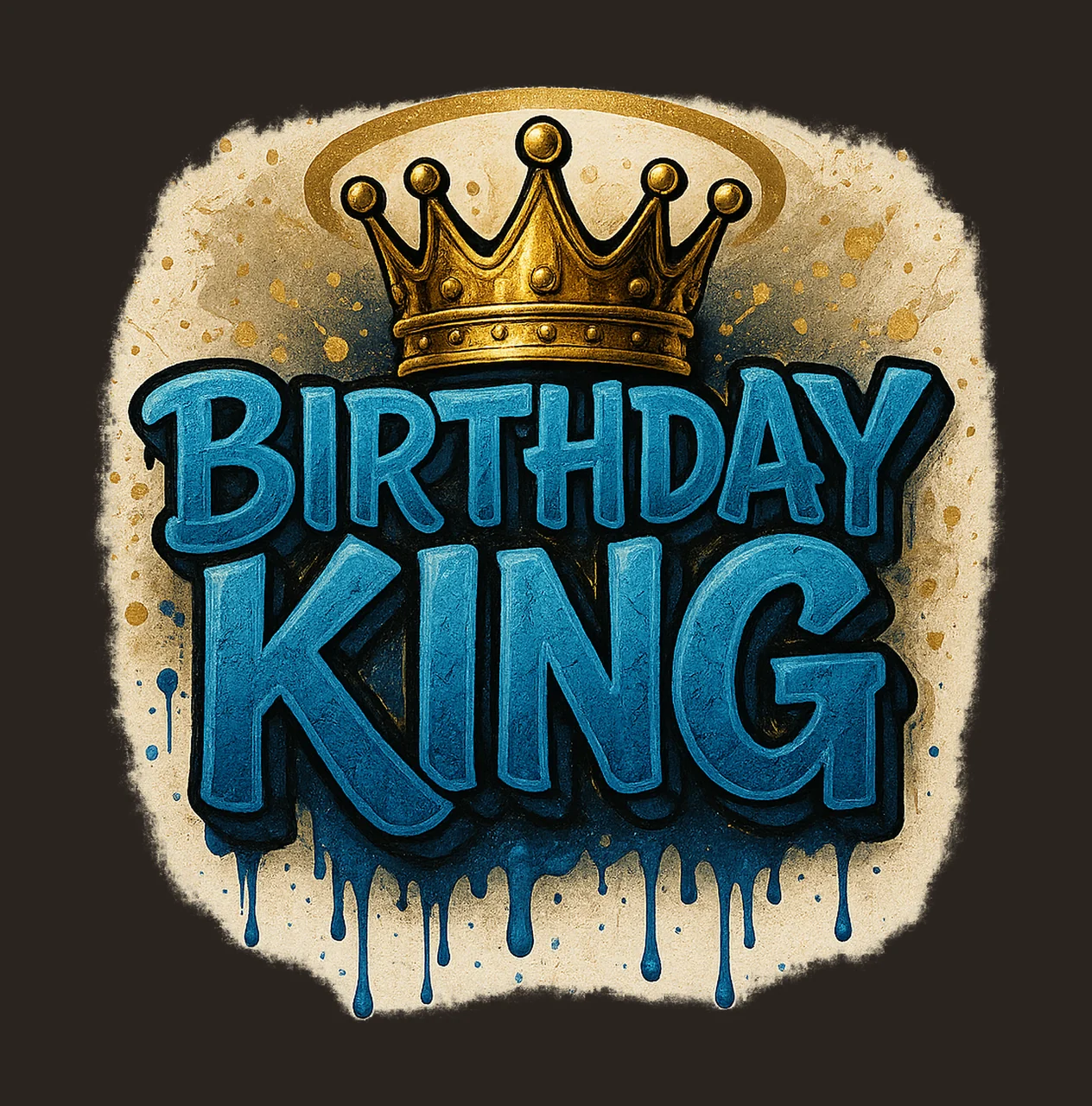 Birthday King blue drip graffiti lettering with gold crown contrast preview thumbnail
