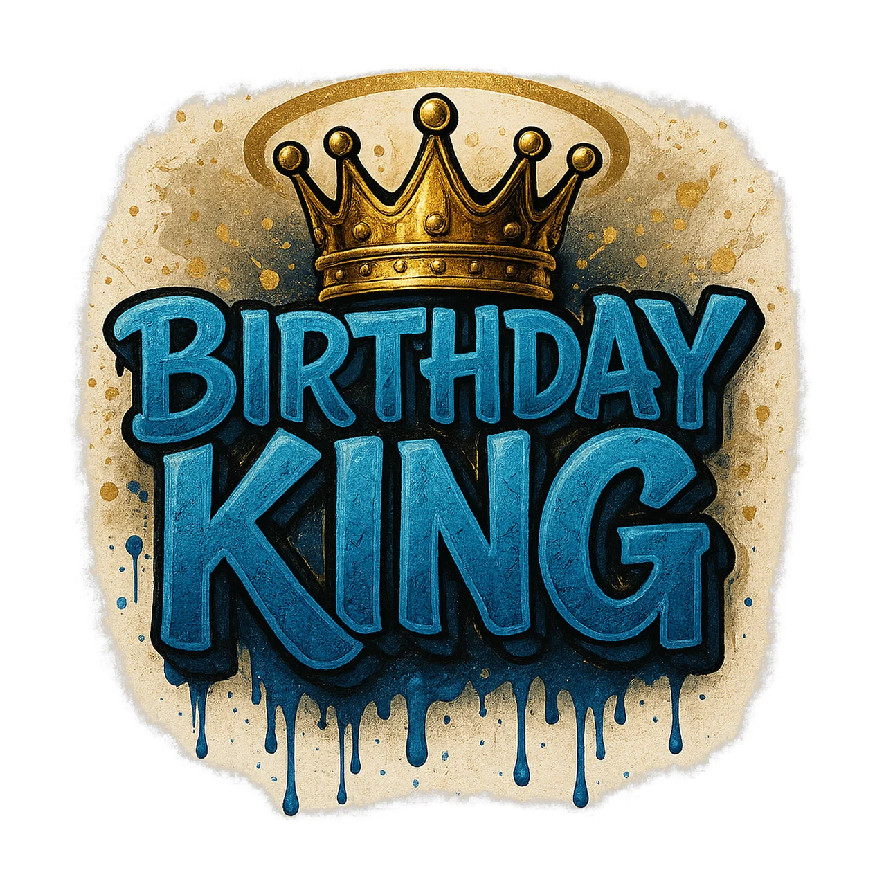 Birthday King blue drip graffiti lettering with gold crown