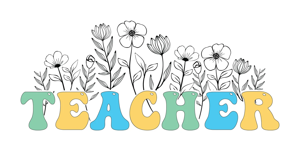 Can Glass Wrap Teacher Word With Blooming Flowers leaves line art