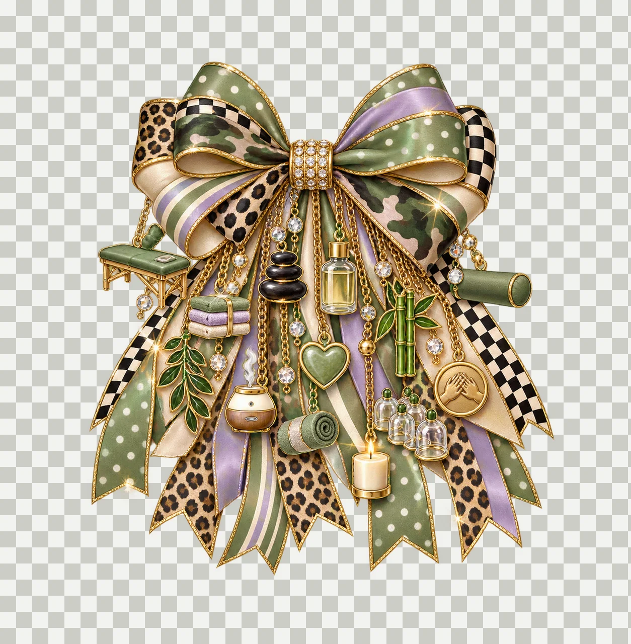 Massage Therapist Bow Charm PNG, Themed Gold Chain Charms, Coquette Ribbon Sublimation Design, Transparent Digital Download transparency and detail preview thumbnail