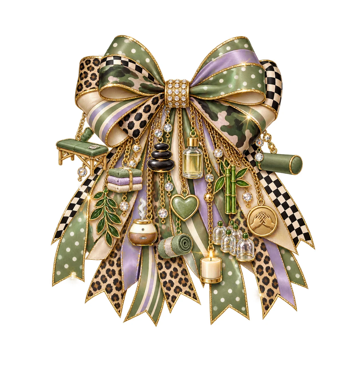 Massage Therapist Bow Charm PNG, Themed Gold Chain Charms, Coquette Ribbon Sublimation Design, Transparent Digital Download