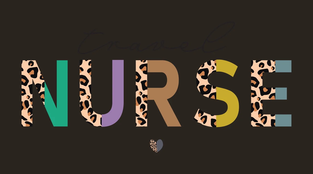 Travel NURSE Typography Design with leopard print pattern, colored letter blocks, cursive 'travel' and small leopard heart in beige, black and teal contrast preview thumbnail