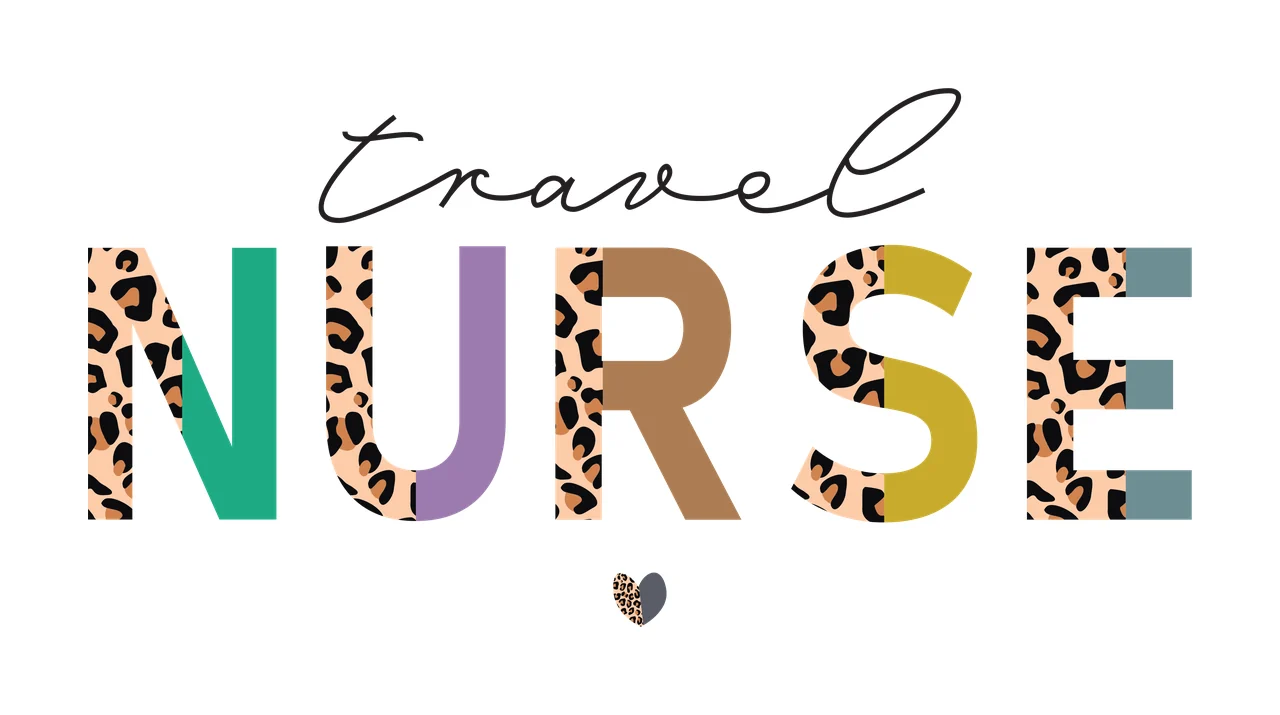 Travel NURSE Typography Design with leopard print pattern, colored letter blocks, cursive 'travel' and small leopard heart in beige, black and teal