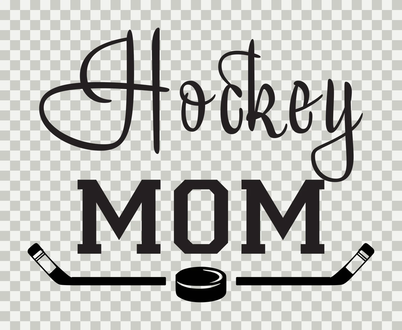 Hockey MOM Typography Design with hockey stick and hockey puck in black and white transparency and detail preview thumbnail