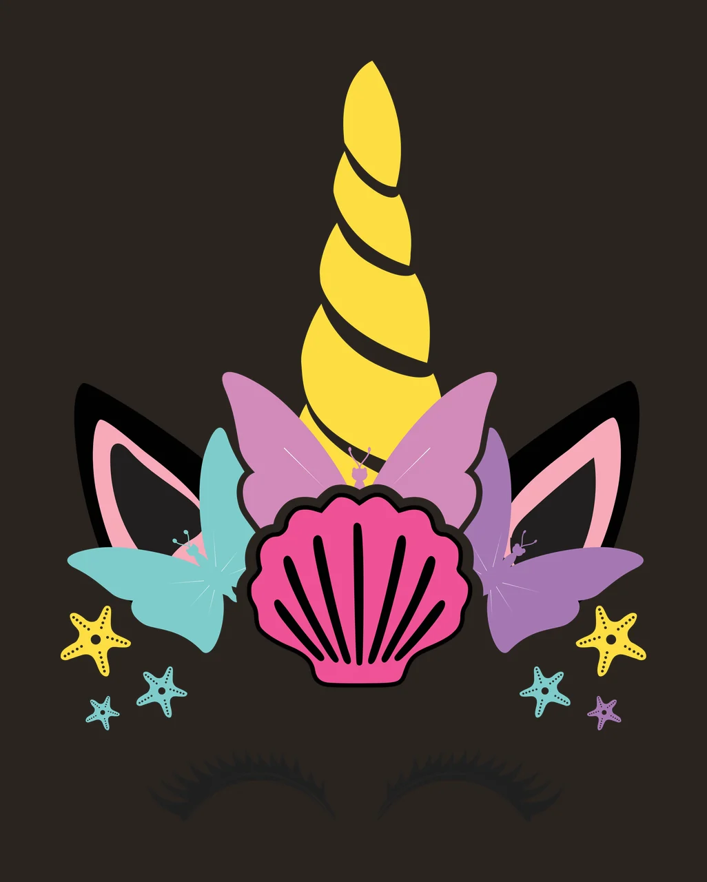 Unicorn head design with sea elements with yellow spiral unicorn horn, black ears with pink inner lining, pink seashell with black lines and teal butterfly contrast preview thumbnail