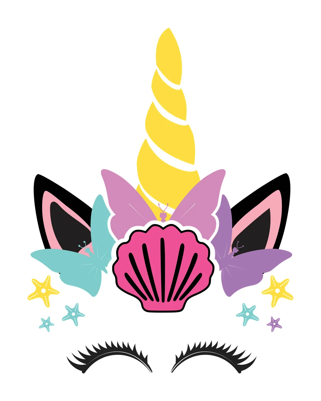 Unicorn head design with sea elements with yellow spiral unicorn horn, black ears with pink inner lining, pink seashell with black lines and teal butterfly