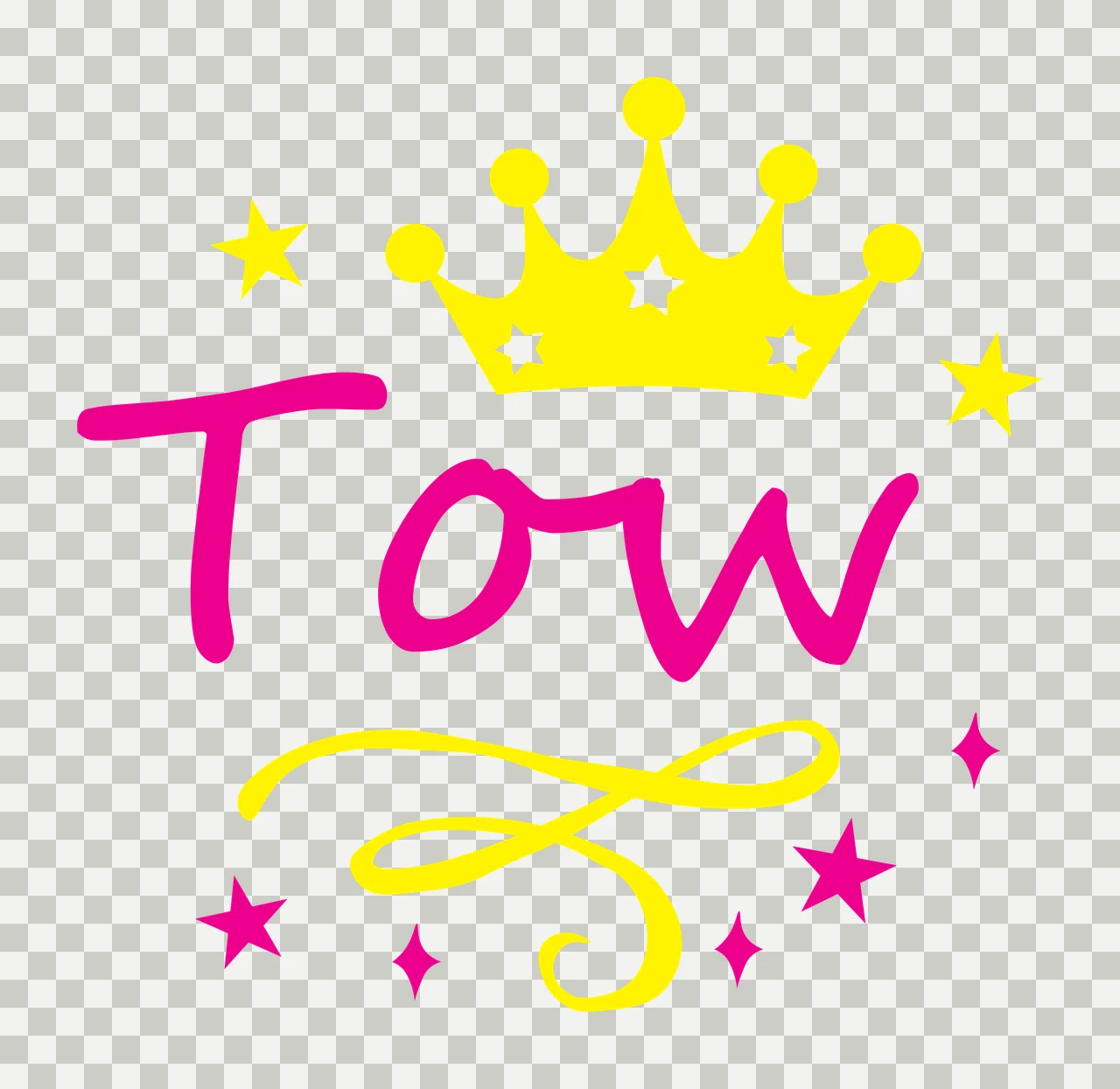Tow Typography Design with yellow crown, pink cursive text, yellow stars and yellow swirl flourish in magenta pink and white transparency and detail preview thumbnail