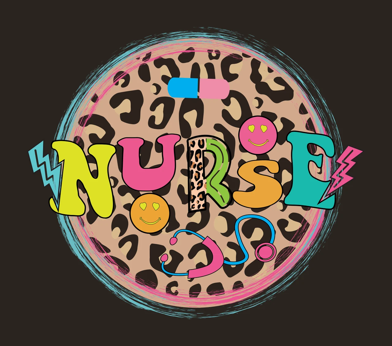NURSE Typography Design with NURSE text, leopard print circle, stethoscope and capsule pill in pink, yellow and teal contrast preview thumbnail