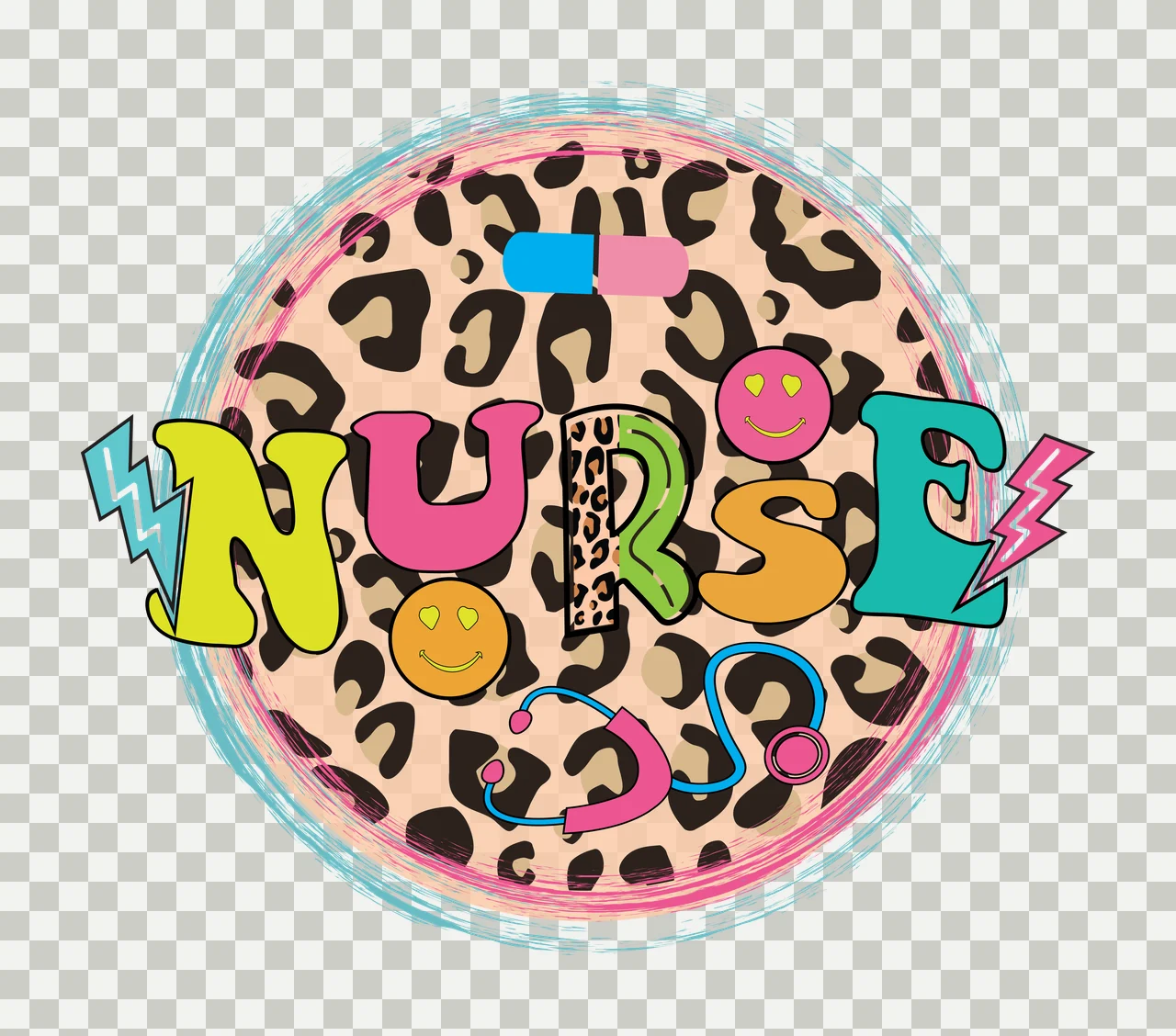 NURSE Typography Design with NURSE text, leopard print circle, stethoscope and capsule pill in pink, yellow and teal transparency and detail preview thumbnail