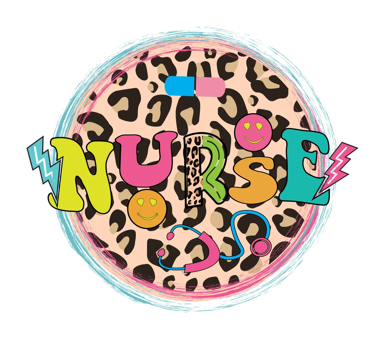 NURSE Typography Design with NURSE text, leopard print circle, stethoscope and capsule pill in pink, yellow and teal