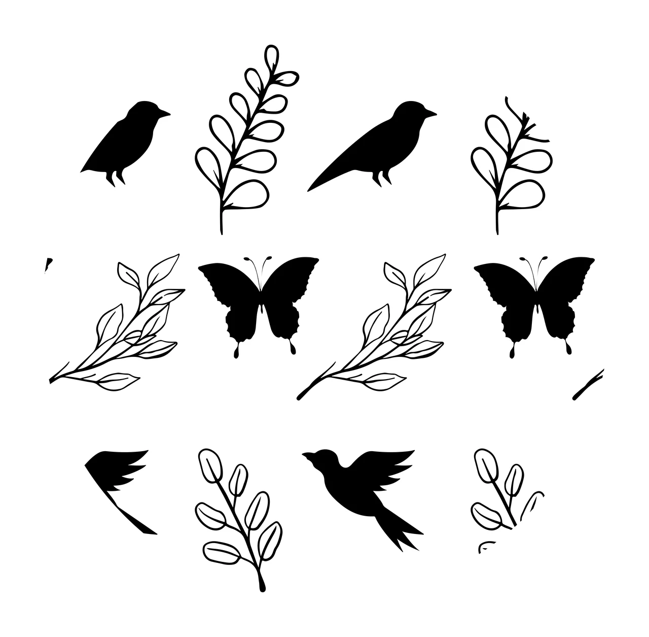 Keychain Circular Black Pattern With White Outlines birds leaves and