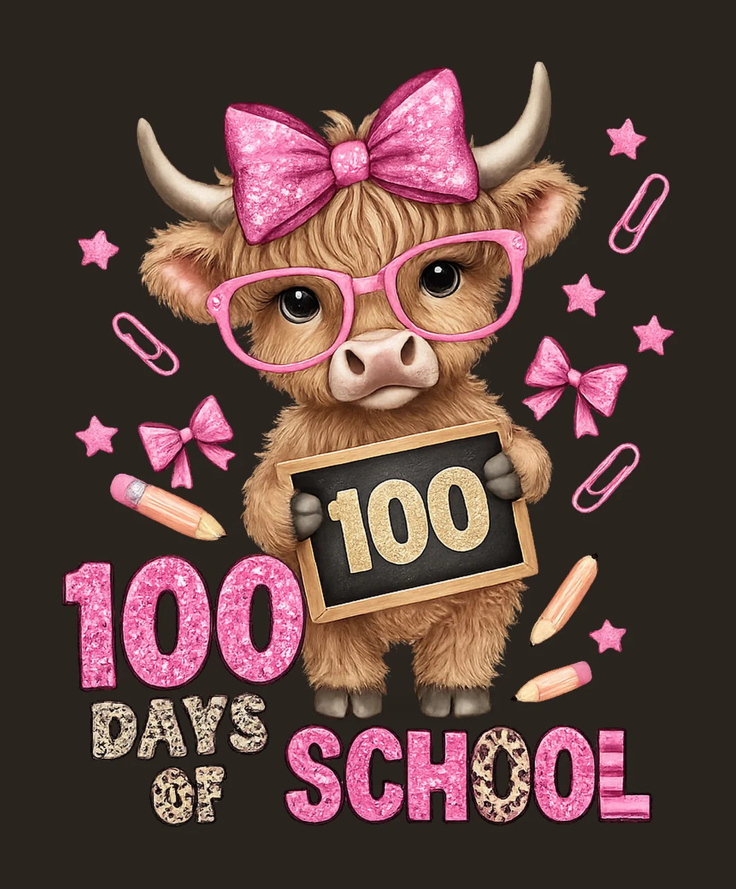 Coquette Bow 100 Day Of School Highland Cow Preppy Pink Bow contrast preview thumbnail