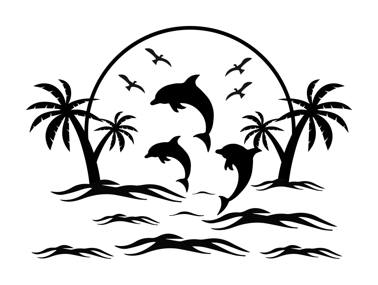 Palm Tree Dolphin Island Sunset Silhouette Dolphins and Jumping