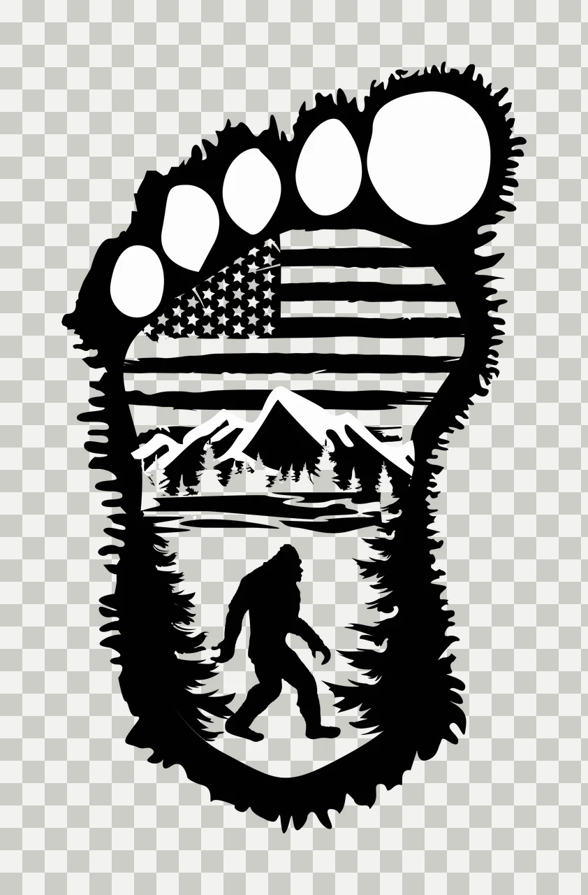 Bigfoot silhouette Illustration with jagged-edged footprint, American flag, mountain range and pine forest in black and white transparency and detail preview thumbnail
